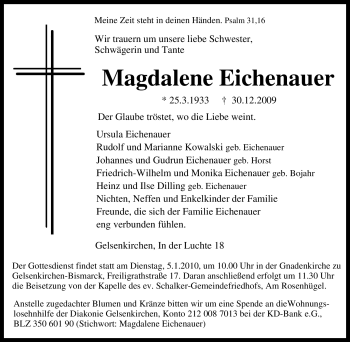 Traueranzeige von Magdalene Eichenauer von Tageszeitung