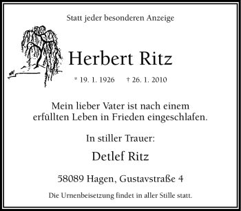 Traueranzeige von Herbert Ritz von Tageszeitung