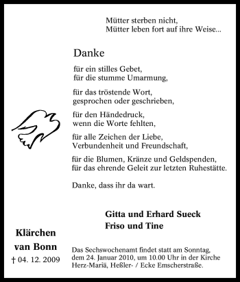 Traueranzeige von Klärchen van Bonn von Tageszeitung