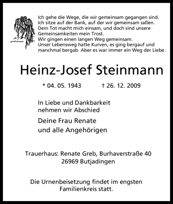 Traueranzeige von Heinz-Josef Steinmann von Tageszeitung