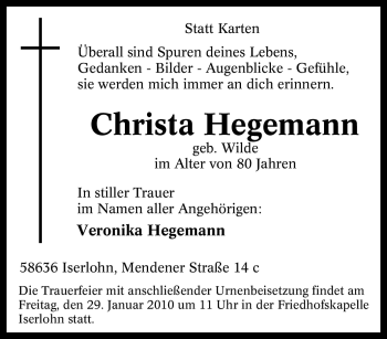 Traueranzeige von Christa Hegemann von Tageszeitung