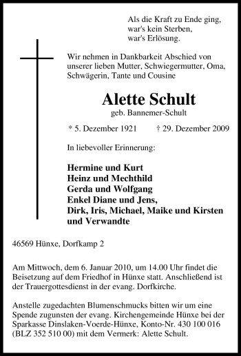 Traueranzeige von Alette Schult von Tageszeitung