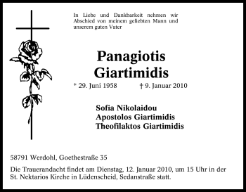 Traueranzeige von Panagiotis Giartimidis von Tageszeitung