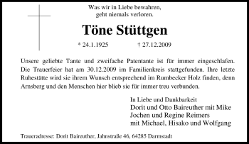 Traueranzeige von Töne Stüttgen von Tageszeitung