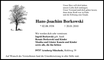 Traueranzeige von Hans-Joachim Borkowski von Tageszeitung
