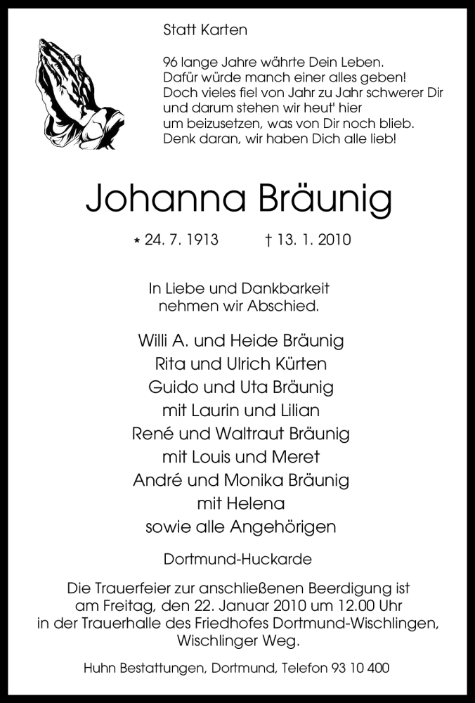  Traueranzeige für Johanna Bräunig vom 16.01.2010 aus Tageszeitung