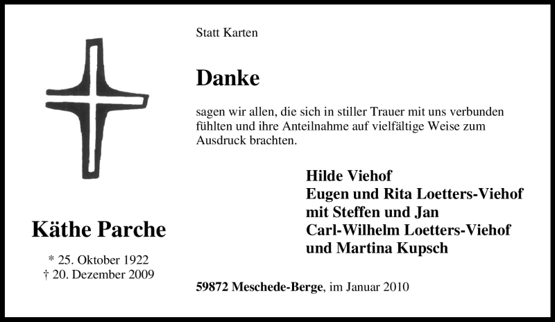  Traueranzeige für Käthe Parche vom 23.01.2010 aus Tageszeitung