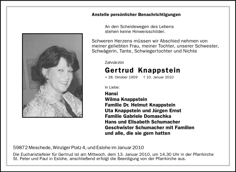  Traueranzeige für Gertrud Knappstein vom 11.01.2010 aus Tageszeitung