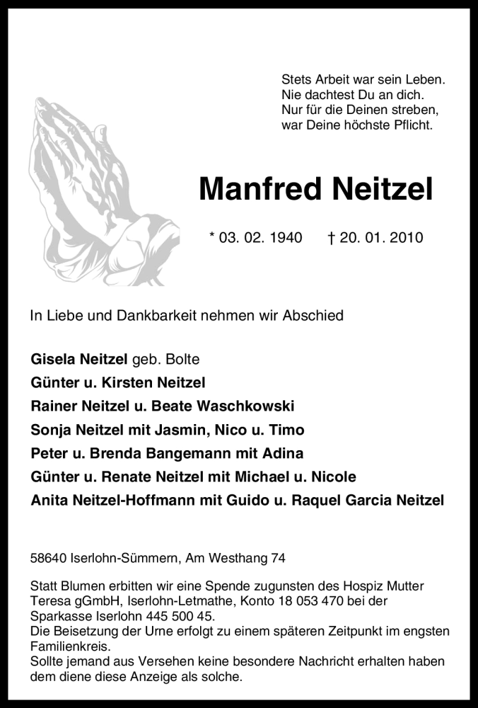  Traueranzeige für Manfred Neitzel vom 27.01.2010 aus Tageszeitung