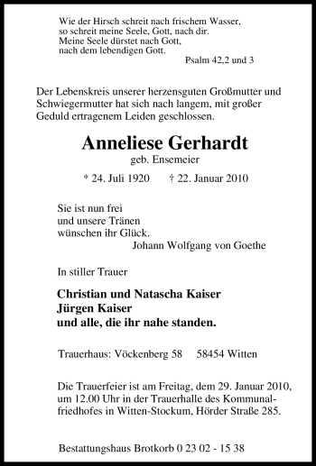 Traueranzeige von Anneliese Gerhardt von Tageszeitung