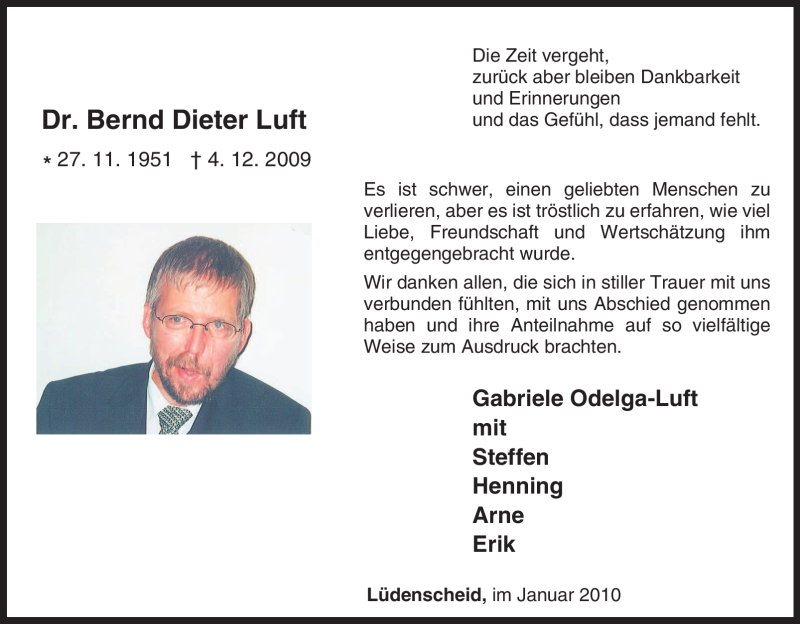  Traueranzeige für Bernd Dieter Luft vom 07.01.2010 aus Tageszeitung