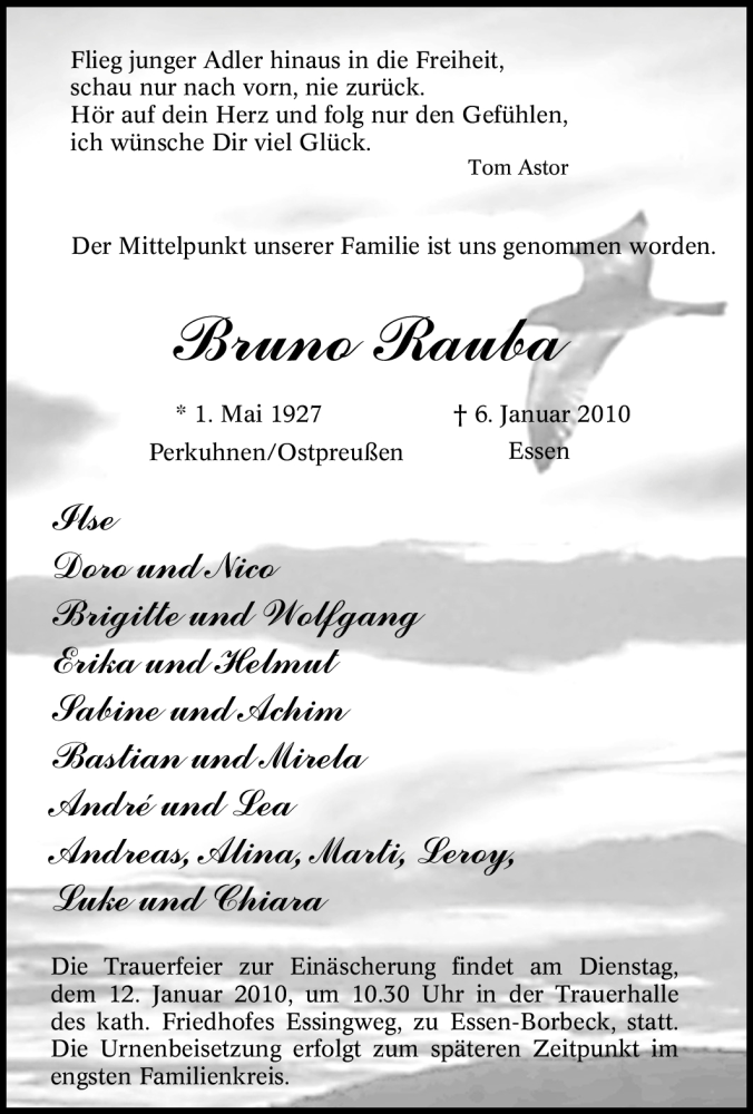  Traueranzeige für Bruno Rauba vom 09.01.2010 aus Tageszeitung