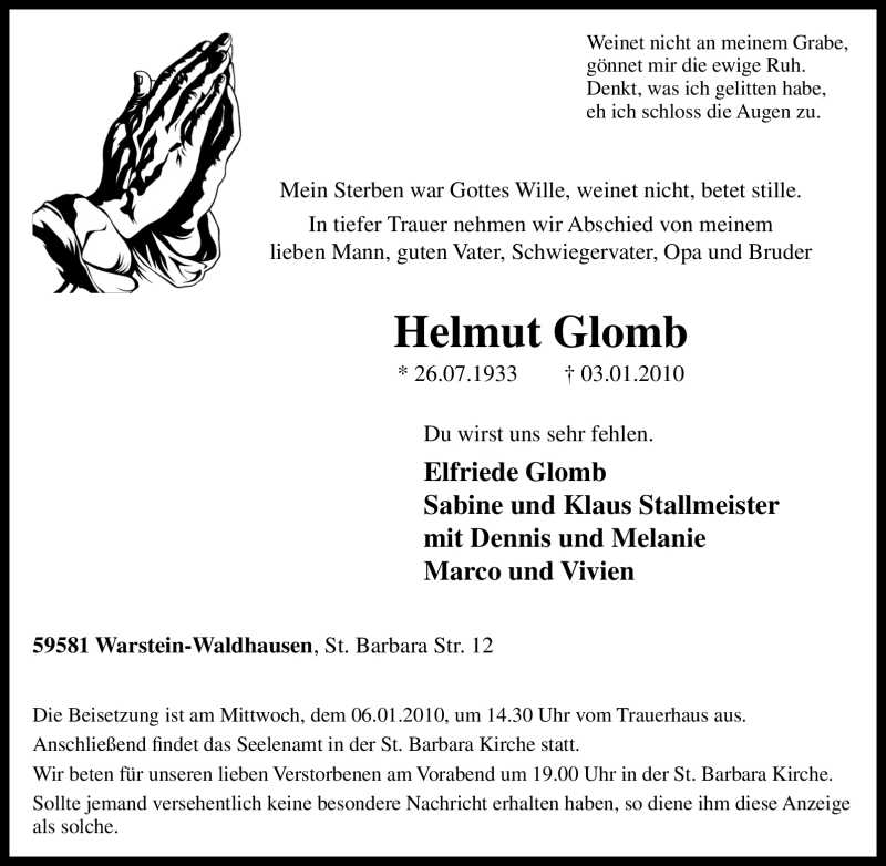  Traueranzeige für Helmut Glomb vom 05.01.2010 aus Tageszeitung