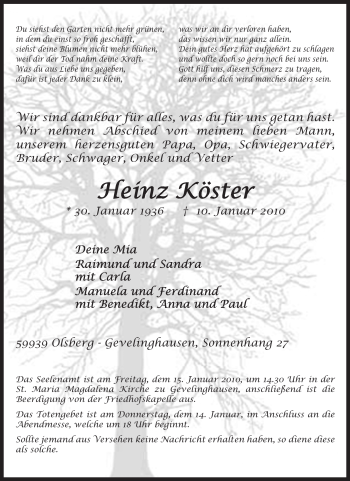 Traueranzeige von Heinz Köster von Tageszeitung