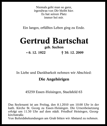 Traueranzeige von Gertrud Bartschat von Tageszeitung