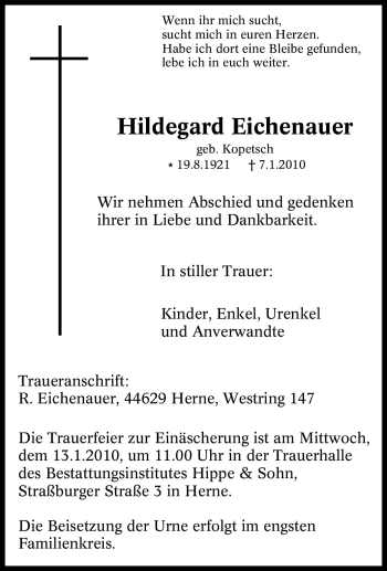Traueranzeige von Hildegard Eichenauer von Tageszeitung