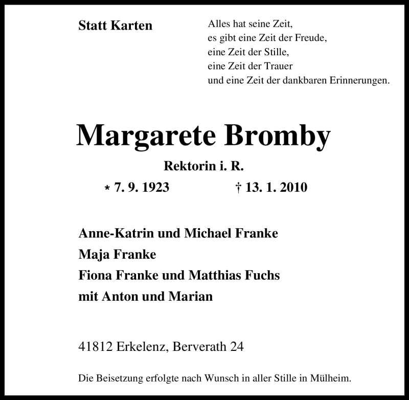  Traueranzeige für Margarete Bromby vom 23.01.2010 aus Tageszeitung