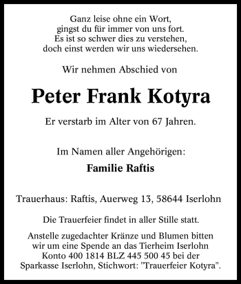 Traueranzeige von Peter Frank Kotyra von Tageszeitung