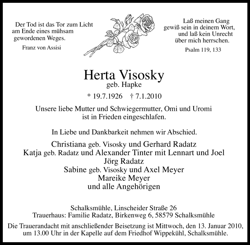  Traueranzeige für Herta Visosky vom 11.01.2010 aus Tageszeitung