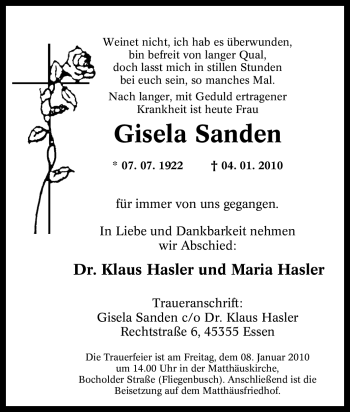 Traueranzeige von Gisela Sanden von Tageszeitung