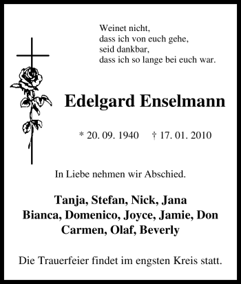 Traueranzeige von Edelgard Enselmann von Tageszeitung