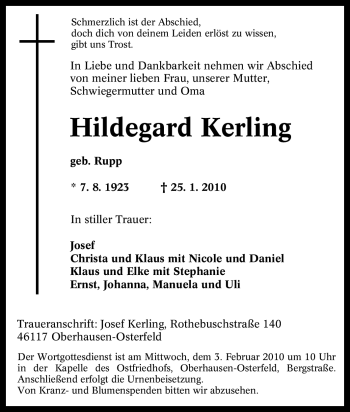 Traueranzeige von Hildegard Kerling von Tageszeitung