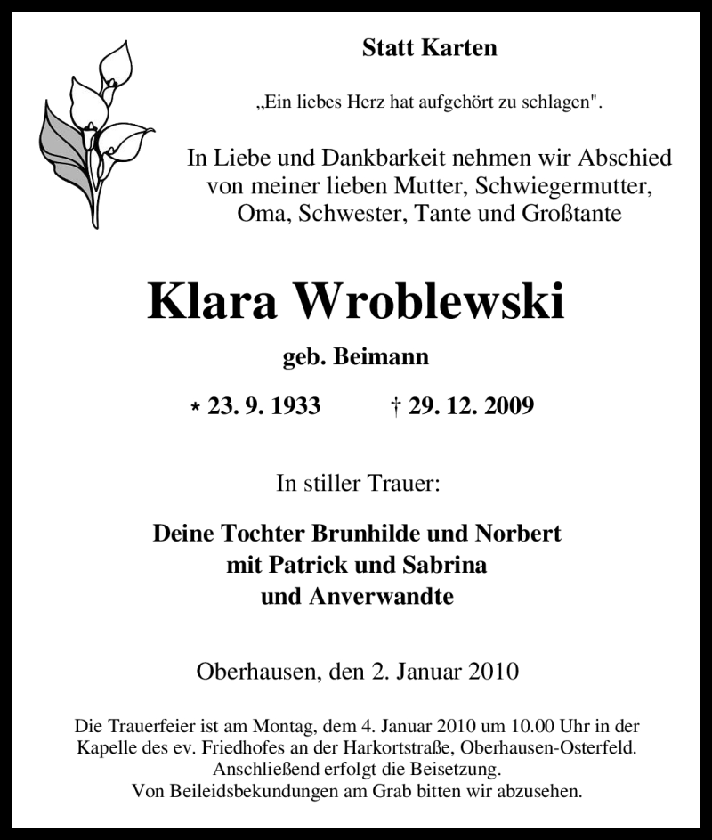  Traueranzeige für Klara Wroblewski vom 02.01.2010 aus Tageszeitung