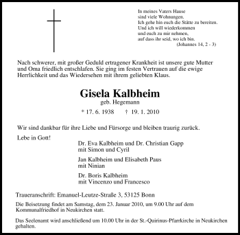 Traueranzeige von Gisela Kalbheim von Tageszeitung