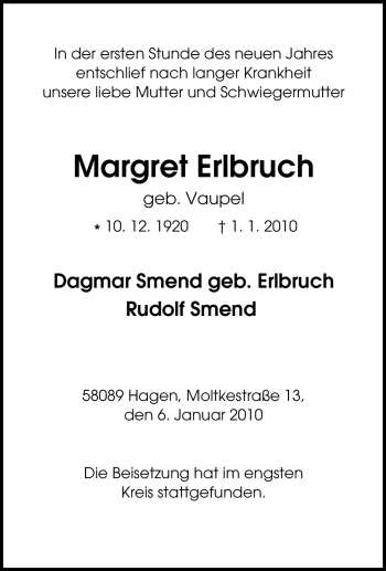 Traueranzeige von Margret Erlbruch von Tageszeitung