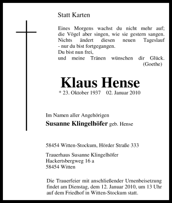 Traueranzeige von Klaus Hense von Tageszeitung