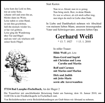Traueranzeige von Gerhard Weiß von Tageszeitung