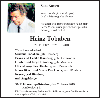 Traueranzeige von Heinz Tobaben von Tageszeitung