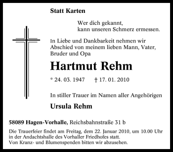 Traueranzeige von Hartmut Rehm von Tageszeitung