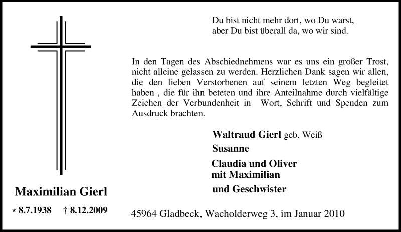 Traueranzeige für Maximilian Gierl vom 07.01.2010 aus Tageszeitung