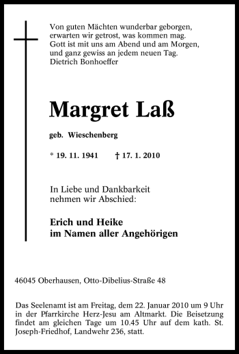 Traueranzeige von Margret Laß von Tageszeitung