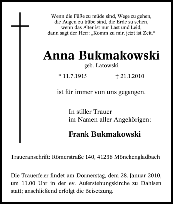 Traueranzeige von Anna Bukmakowski von Tageszeitung