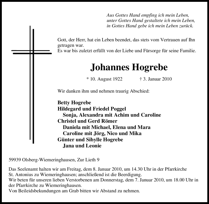  Traueranzeige für Johannes Hogrebe vom 05.01.2010 aus Tageszeitung