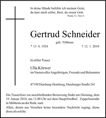 Traueranzeige von Gertrud Schneider von Tageszeitung