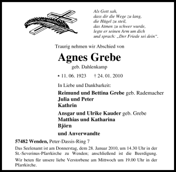Traueranzeige von Agnes Grebe von Tageszeitung