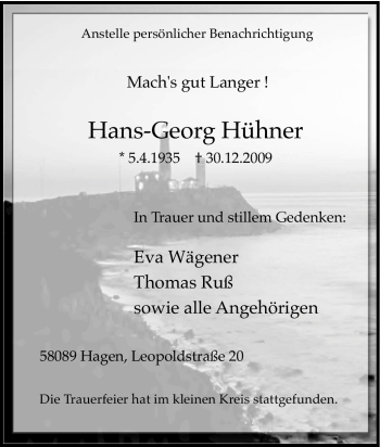 Traueranzeige von Hans-Georg Hühner von Tageszeitung