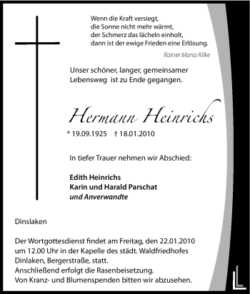 Traueranzeigen von Hermann Heinrichs TrauerinNRW.de
