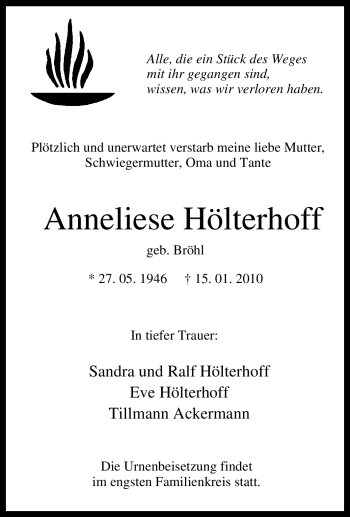 Traueranzeige von Anneliese Hölterhoff von Tageszeitung