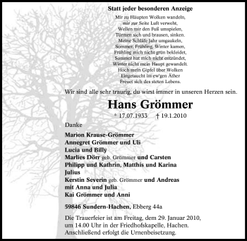 Traueranzeige von Hans Grömmer von Tageszeitung