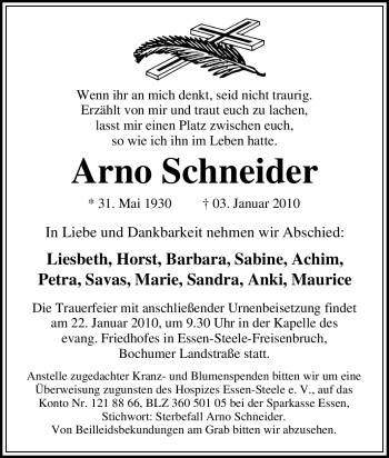 Traueranzeigen von Arno Schneider TrauerinNRW.de