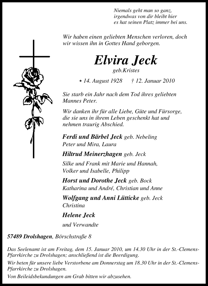  Traueranzeige für Elvira Jeck vom 13.01.2010 aus Tageszeitung