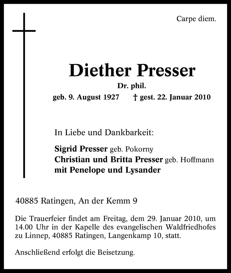  Traueranzeige für Diether Presser vom 26.01.2010 aus Tageszeitung