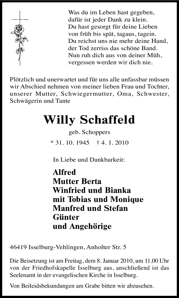  Traueranzeige für Willy Schaffeld vom 05.01.2010 aus Tageszeitung