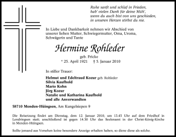 Traueranzeige von Hermine Rohleder von Tageszeitung