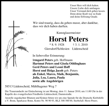 Traueranzeige von Horst Peters von Tageszeitung