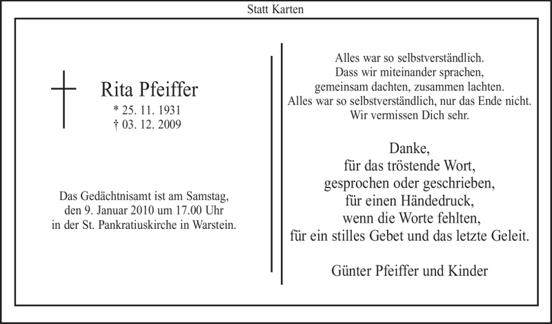  Traueranzeige für Rita Pfeiffer vom 02.01.2010 aus Tageszeitung